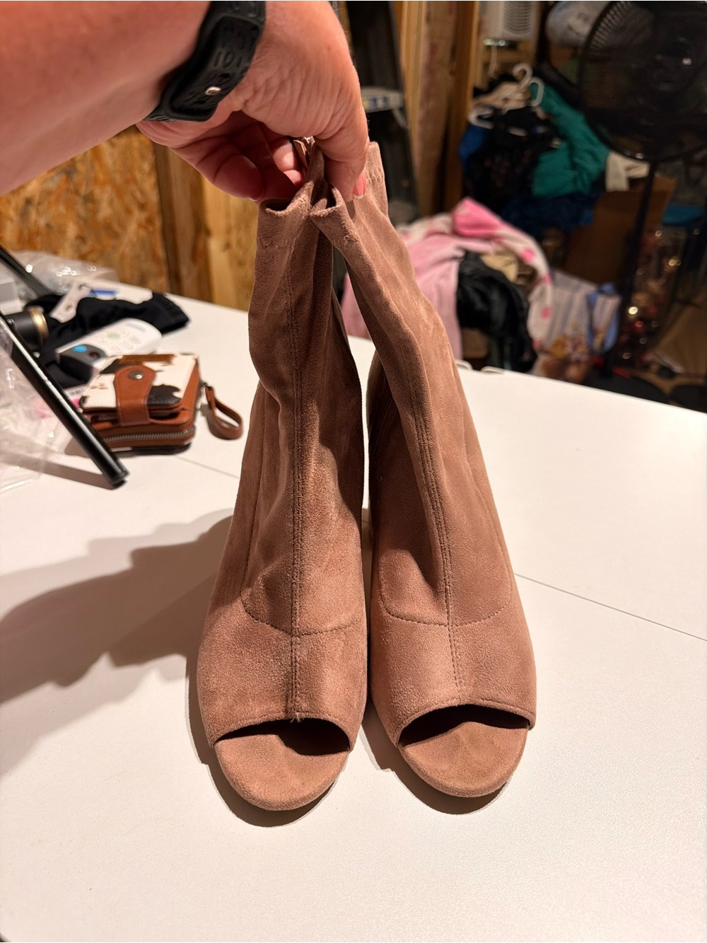 Fashion Nova Blush Suede Peep-Toe Block Heel Booties